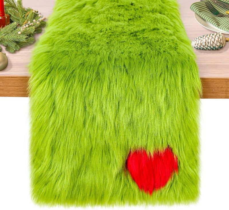 Photo 1 of Christmas Green Faux Fur Table Runner Whimsical Lime Green Christmas Table Runner 13'' x 72'' Holiday Party Kitchen Fireplace Dining Room Home Decoration(1 Pcs)