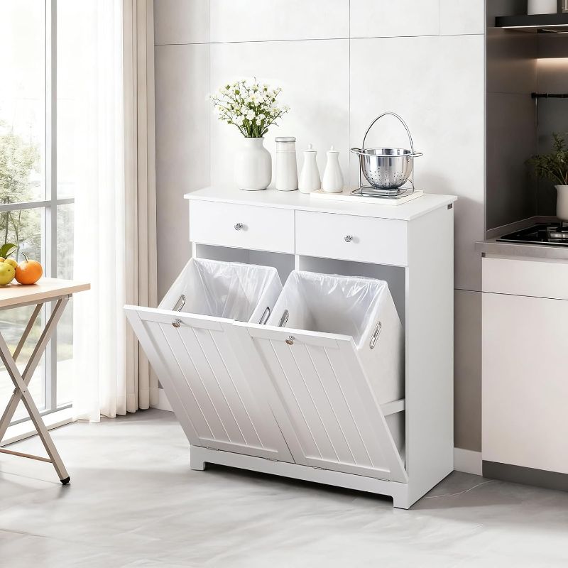 Photo 1 of Double Tilt Out Trash Can Cabinet – Hidden Wooden Kitchen Trash Bin Cabinet with 2x10 Gallon Garbage Can, Pet Proof Tilt Out Garbage Holder, Storage Cabinet for Trash in Kitchens, White, BZR33