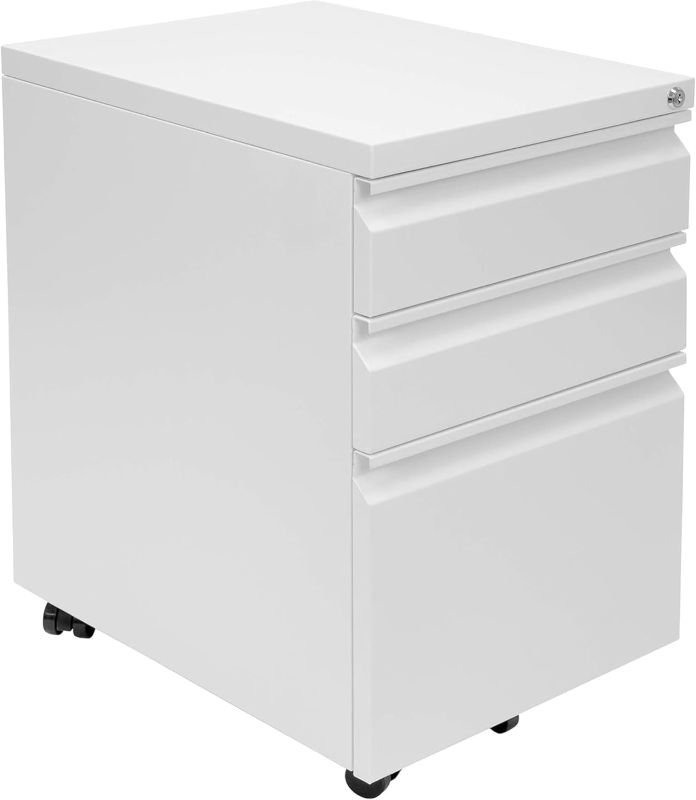 Photo 1 of Mount-It! 3 Drawer File Cabinet with Lock and Wheels, Under Desk Storage Filing Pedestal for Home Office, No Assembly Small Rolling File Cabinet for Legal, Letter, and A4 Files in White