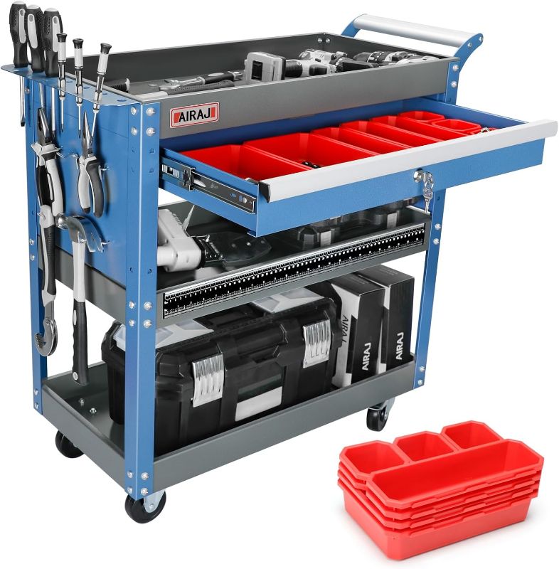 Photo 1 of AIRAJ 3 Tier Rolling Tool Cart,Mechanic Tool Cart on Wheels,Industrial Utility Cart with Drawers and Pegboard,440 LBS Capacity Tool Storage Cart for Garage,Warehouse,Blue
