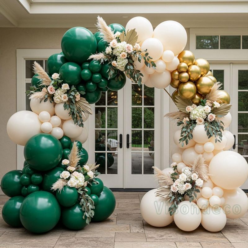 Photo 1 of Emerald Green, Cream and Gold Balloon Arch Kit – Double Stuffed Dark Green, Cream White and Metallic Gold Balloons for Birthday, Graduation, Jungle, Safari, Wedding, Baby Shower, Fall Party Decor
