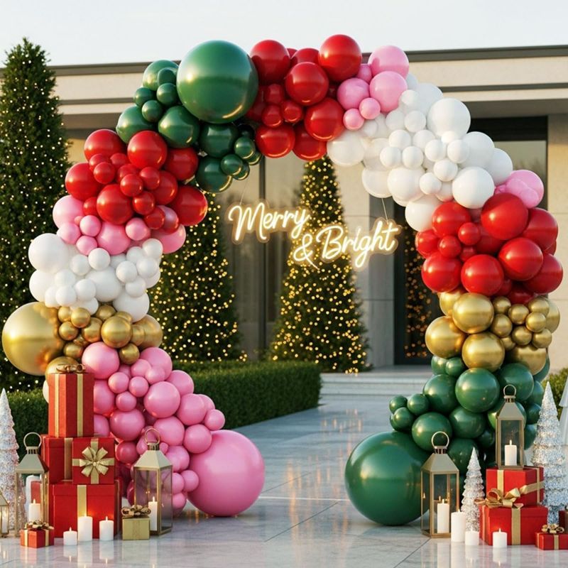 Photo 1 of Christmas Balloon Arch Kit – 143pcs Double Stuffed Green, Red, Green, White, Pink & Gold Balloons Garland, Xmas Balloon Arch Decorations for Holiday Party, Merry Christmas Balloons Decor Supplies