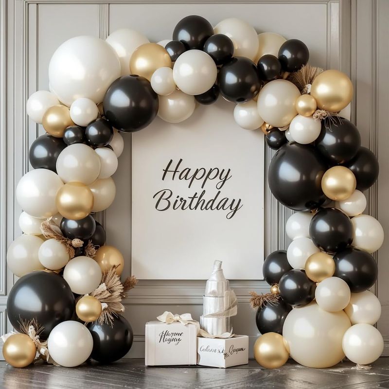Photo 1 of Black Cream Gold Balloon Arch Kit,Double Stuffed Pearl Sand White Balloon Garland Different Sizes 18/12/5 Inch Chrome Cream Balloons for Graduation Wedding Birthday Bachelorette Party Decorations
