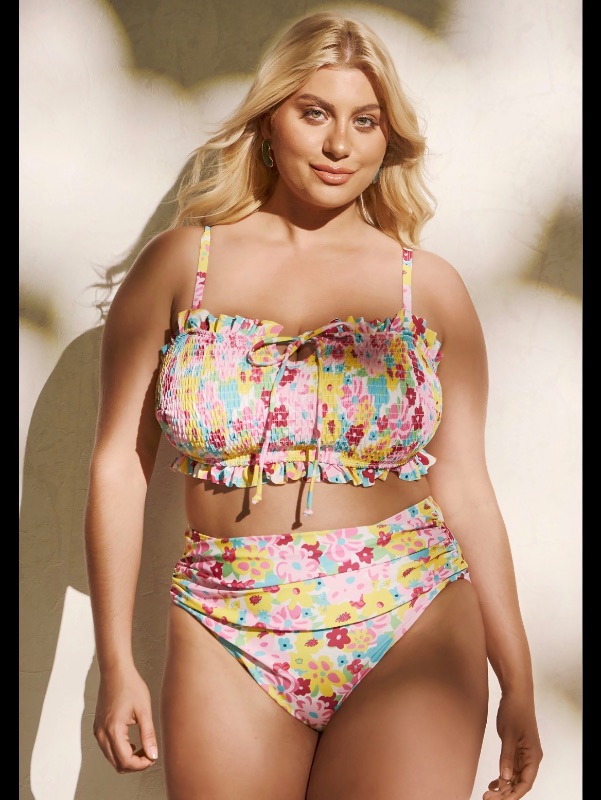 Photo 1 of (0XL) Womens Nallu Bikini Floral with Ruffled Straps Bikini Set - Floral/Pink