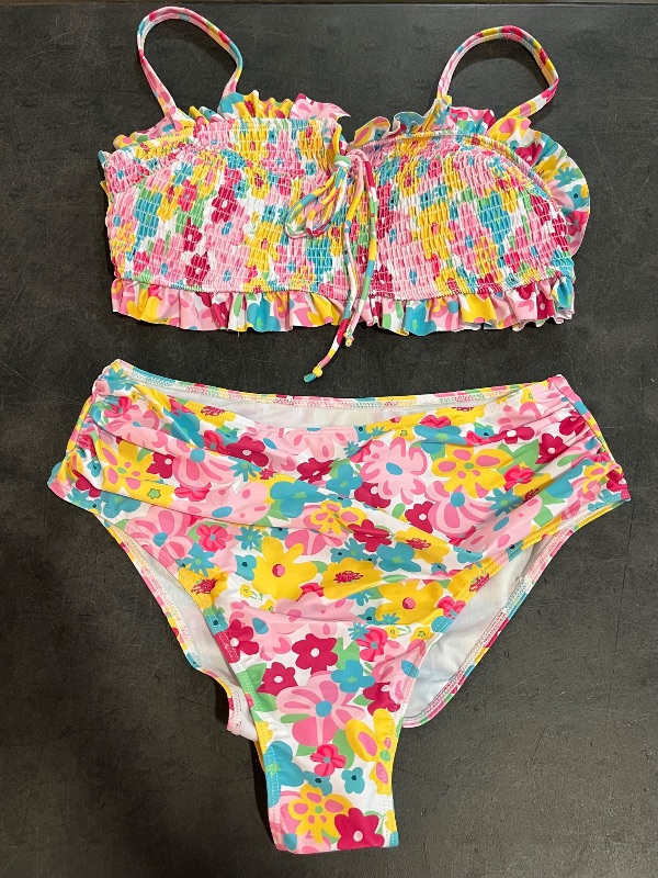 Photo 1 of (0XL) Womens Nallu Bikini Floral with Ruffled Straps Bikini Set - Floral/Pink