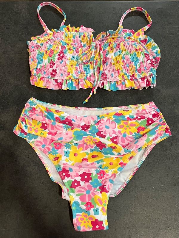 Photo 1 of (0XL) Womens Nallu Bikini Floral with Ruffled Straps Bikini Set - Floral/Pink
