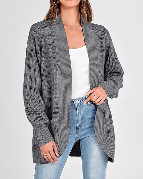 Photo 1 of (XL) KIRUNDO Cardigan Sweaters for Women 2024 Fall Open Front Long Sleeve Loose Lightweight Knit Sweater Coat Without Pockets - Dark Grey 
