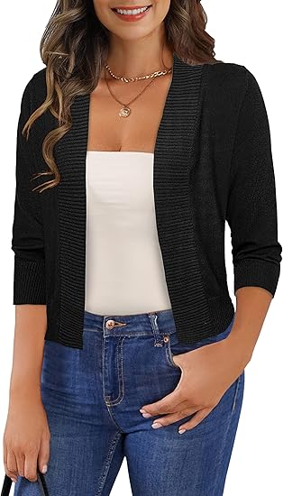 Photo 1 of (L) Women's 3/4 Sleeve Cropped Cardigan Sweaters Open Front Bolero Short Shrugs
