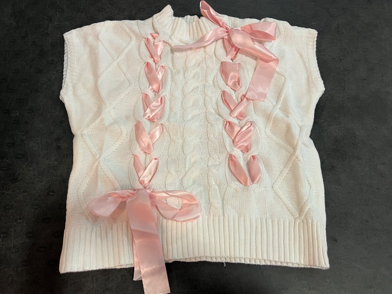 Photo 1 of (M) Womens Clearlove Lace Up Ribbon Sweater Vest Cap Sleeve Knit Tank Top Bow Twist Crochet casual Blouse