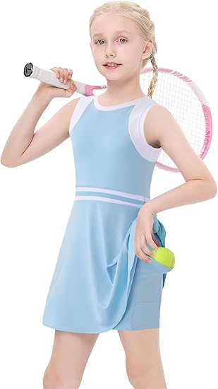 Photo 1 of (S) Girls Tennis Golf Dress Outfit Sleeveless Workout Athletic Dresses with Shorts Pockets