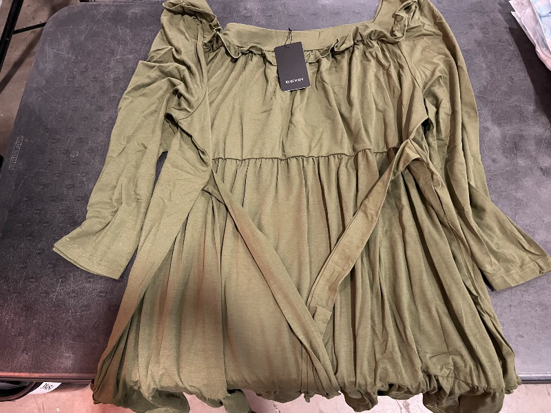 Photo 1 of (3XL) KOJOOIN Women's Plus Size Ruffle Trim Long Sleeve Dress Square Neck Elastic High Waist Belted Midi Dress