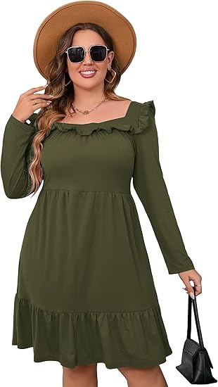 Photo 1 of (3XL) KOJOOIN Women's Plus Size Ruffle Trim Long Sleeve Dress Square Neck Elastic High Waist Belted Midi Dress