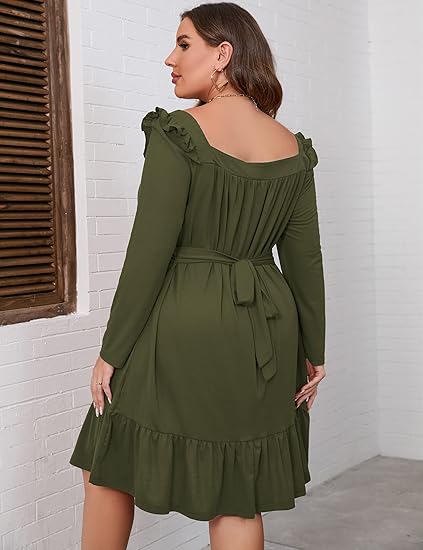 Photo 1 of (4XL) KOJOOIN Women's Plus Size Ruffle Trim Long Sleeve Dress Square Neck Elastic High Waist Belted Midi Dress