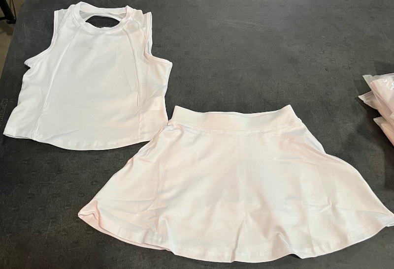 Photo 1 of (XS) Girls Tennis Outfit Set with Open Back Tanktop and Skirt - White 