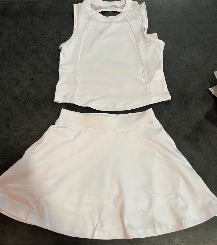 Photo 1 of (XS) Girls Tennis Outfit Set with Open Back Tanktop and Skirt - White 