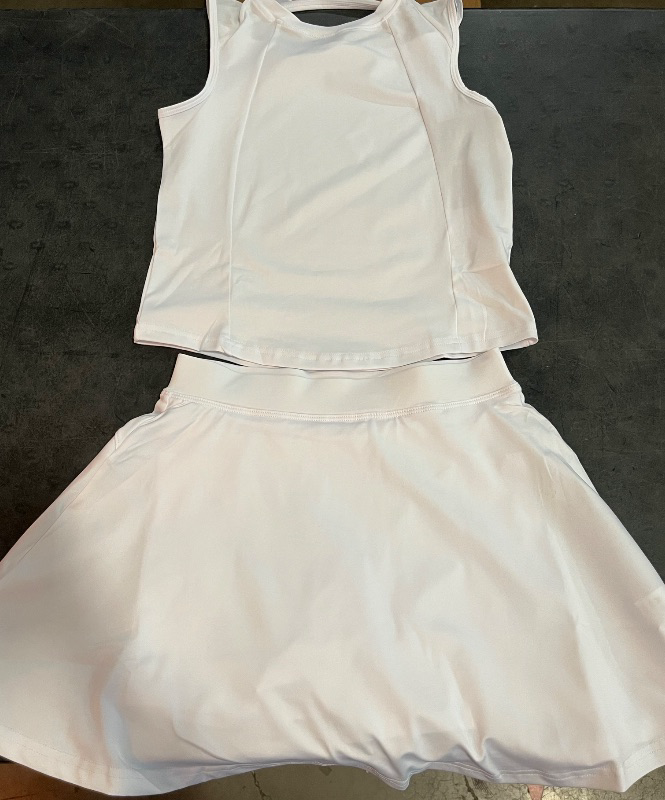 Photo 1 of (L) Girls Tennis Outfit Set with Open Back Tanktop and Skirt - White