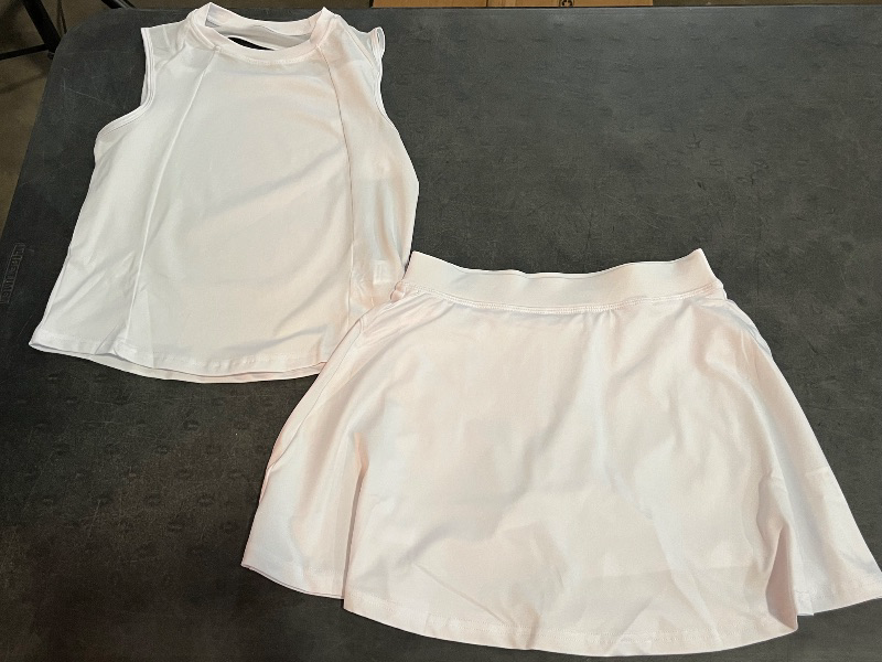 Photo 1 of (M)  Girls Tennis Outfit Set with Open Back Tanktop and Skirt - White
