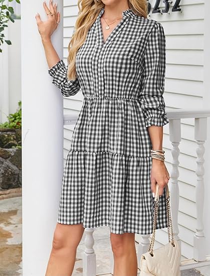 View 1 of (2XL) Theenkoln Womens Casual Midi Dress: Short Sleeve V-Neck Empire Waist Gingham Spring Fashion Long Trendy Tiered Formal Dresses