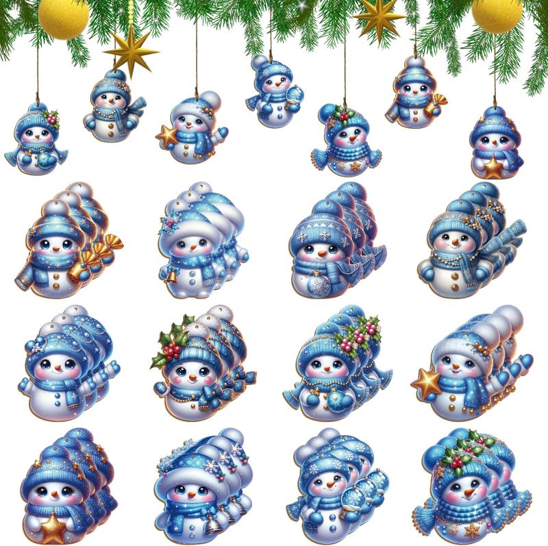 Photo 1 of 36Pcs 12-Design 3.14-Inch Christmas Blue Adorable Snowman Wooden Ornaments with Hemp Rope (DIY Blessings Available)