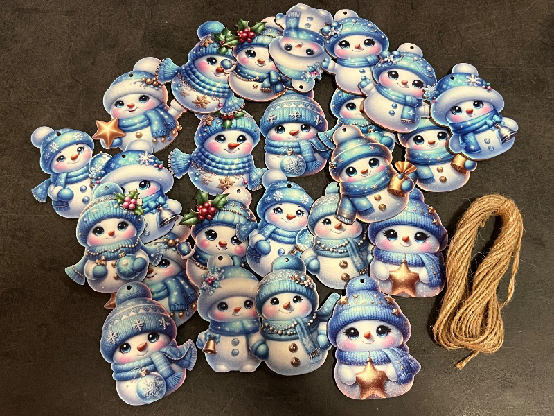 Photo 1 of 36Pcs 12-Design 3.14-Inch Christmas Blue Adorable Snowman Wooden Ornaments with Hemp Rope (DIY Blessings Available)