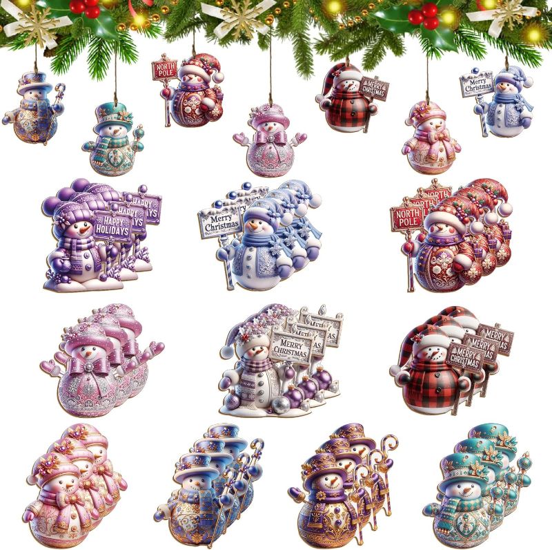Photo 1 of Christmas Snowman Ornaments Set, 24 Pieces, Wood Holiday Tree Decorations, Purple Blue White Design with Signs
