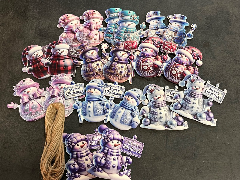 Photo 1 of Christmas Snowman Ornaments Set, 24 Pieces, Wood Holiday Tree Decorations, Purple Blue White Design with Signs
