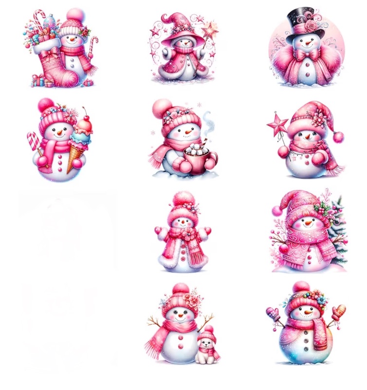 Photo 1 of 24 Pcs  12-Design 3.14-Inch Christmas Pink Adorable Snowman Wooden Ornaments with Hemp Rope (DIY Blessings Available)