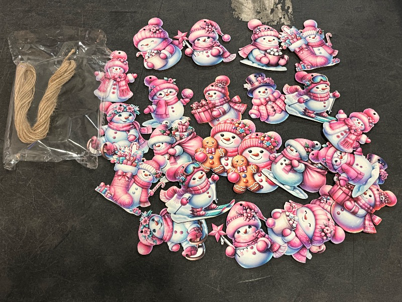 Photo 1 of 24 Pcs  12-Design 3.14-Inch Christmas Pink Adorable Snowman Wooden Ornaments with Hemp Rope (DIY Blessings Available)