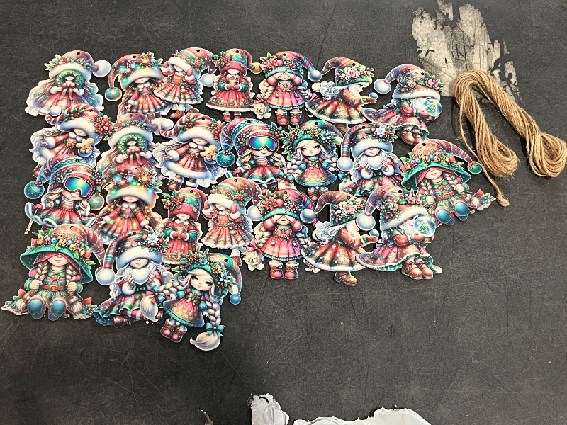 Photo 1 of 24Pcs 12-Design 3.14-Inch Christmas Red Gnome Girl Wooden Ornaments with Hemp Rope, Great for Xmas Tree Decor