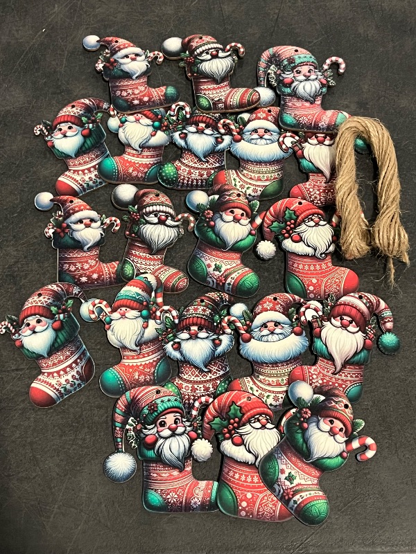 Photo 1 of 24PCS Christmas Wooden Stocking Ornament Set (10 Unique Designs) - Back DIY Paintable with Hemp Rope for Xmas Tree, Home & Garden Decor
