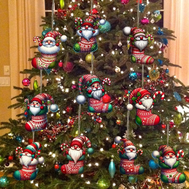 Photo 1 of 24PCS Christmas Wooden Stocking Ornament Set (10 Unique Designs) - Back DIY Paintable with Hemp Rope for Xmas Tree, Home & Garden Decor
