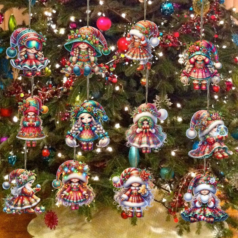 View 1 of 24Pcs 12-Design 3.14-Inch Christmas Red Gnome Girl Wooden Ornaments with Hemp Rope, Great for Xmas Tree Decor