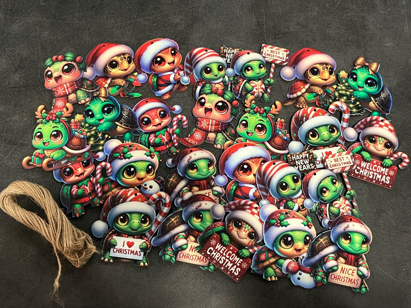 Photo 1 of 24PCS Bulk Wooden Christmas Turtle Ornaments - 12 Festive Red-Green Santa Hat Designs for Tree Decoration