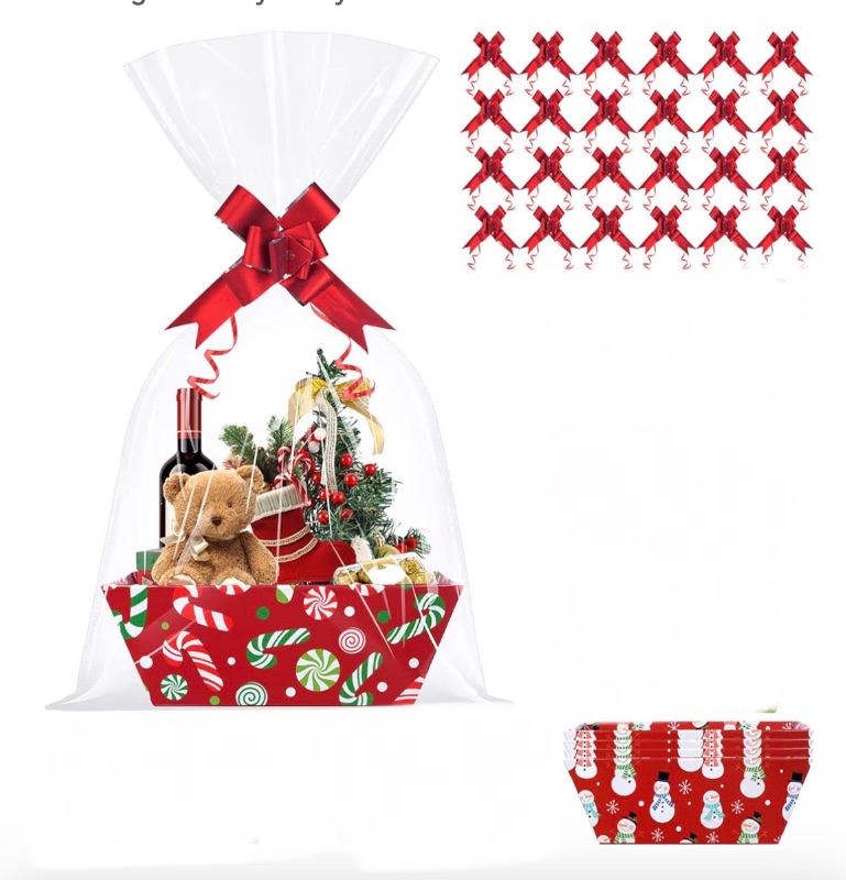 Photo 1 of 6 Set Christmas Gifts Baskets Bulk with Cellophane Basket Bags and Bows Ribbons,Red Green Empty Christmas Cardboard Gift Box for Xmas Holiday Wedding Birthday Party Decorations