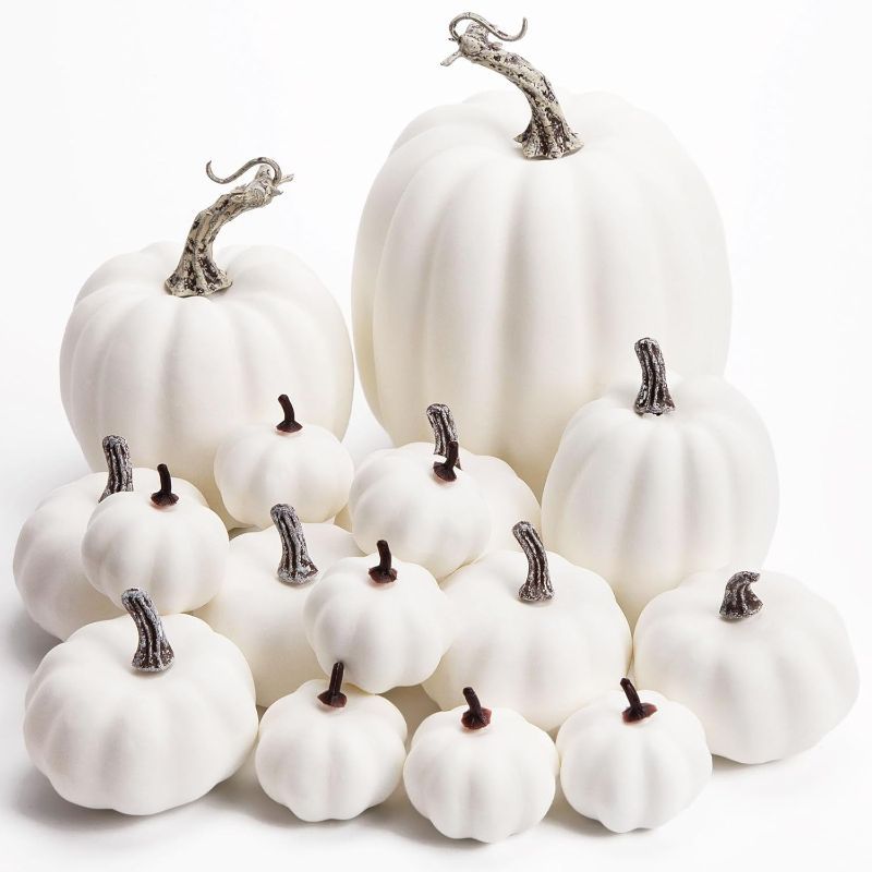 Photo 1 of DomeStar 16PCS White Fake Pumpkins for Decorating, Faux Pumpkins Fall Harvest Decor, Halloween Decorations, Thanksgiving Table Centerpieces and Baby Shower Decor
