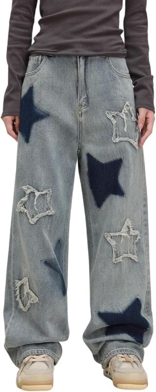 Photo 1 of 7-8Y Cute Jeans for Women Girls Star Patchwork Pants High Waisted Straight Leg Jean Casual Preppy Clothes