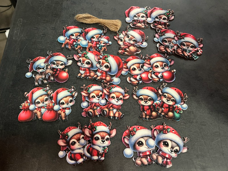 Photo 1 of 24Pcs 12-Design 3-Inch Adorable Christmas Reindeer Ornaments with Hemp Rope, Must-Have for Xmas Tree & Home Decor