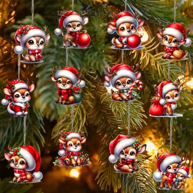 Photo 1 of 24Pcs 12-Design 3-Inch Adorable Christmas Reindeer Ornaments with Hemp Rope, Must-Have for Xmas Tree & Home Decor