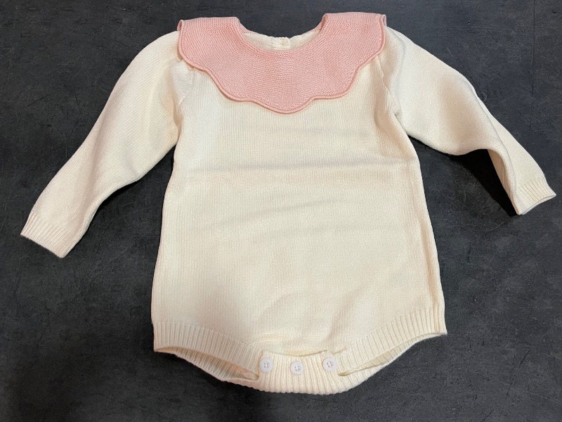 Photo 1 of 9-12M Baby Cream Colored Knit Romper with Decorative Ruffle Collar with Buttons