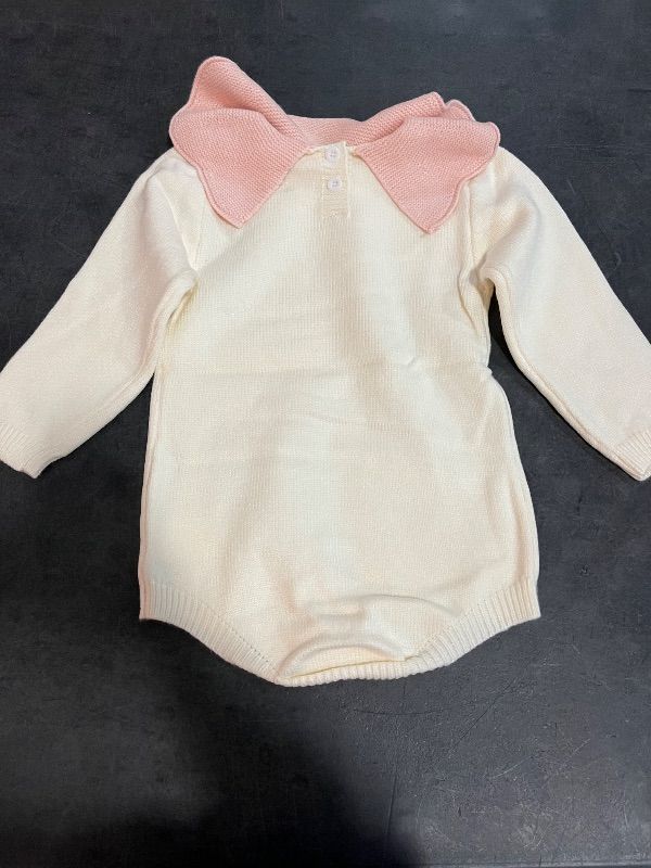 Photo 1 of 9-12M Baby Cream Colored Knit Romper with Decorative Ruffle Collar with Buttons