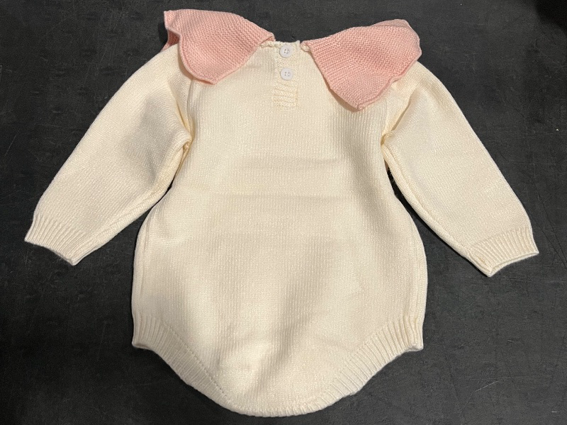 Photo 1 of 3-6M Baby Cream Colored Knit Romper with Decorative Ruffle Collar with Buttons