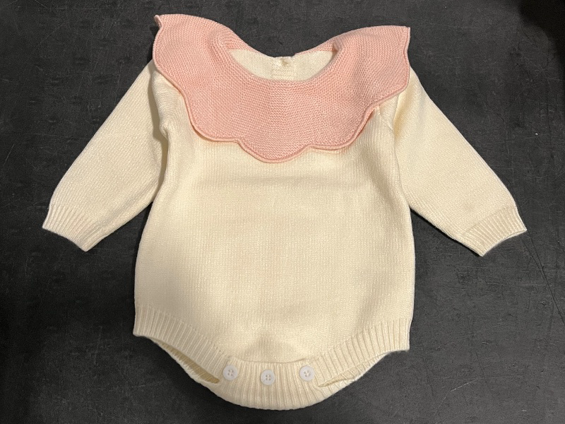 Photo 1 of 3-6M Baby Cream Colored Knit Romper with Decorative Ruffle Collar with Buttons