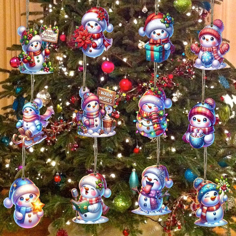 Photo 1 of 24Pcs 12-Design Cute Christmas Snowman Wooden Ornaments with Hemp Rope | Hanging Decor for Tree & Home
