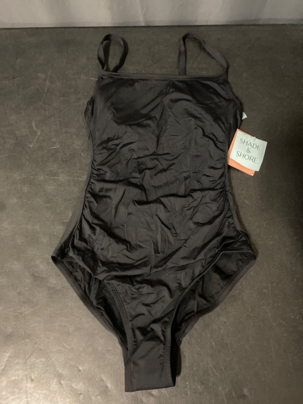 Photo 1 of Size 14 Women's Smoothing Shirred Scoopneck Full Coverage One Piece Swimsuit - Shade & Shore™ Black 14: Nylon Spandex Blend, Removable Cup