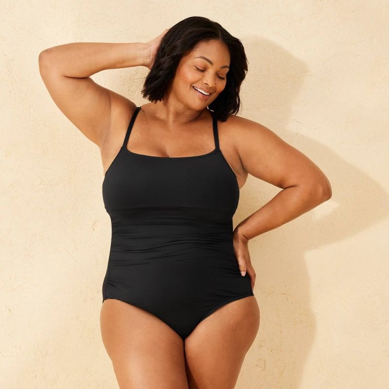 Photo 1 of Size 14 Women's Smoothing Shirred Scoopneck Full Coverage One Piece Swimsuit - Shade & Shore™ Black 14: Nylon Spandex Blend, Removable Cup