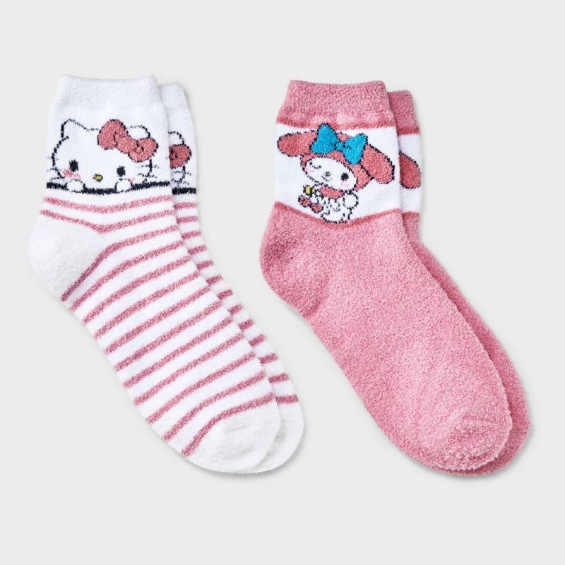 Photo 1 of Size 4-10 Women's Hello Kitty 2pk Cozy Ankle Socks - White/Pink 4-10: Knit Polyester Spandex, Sanrio Figures