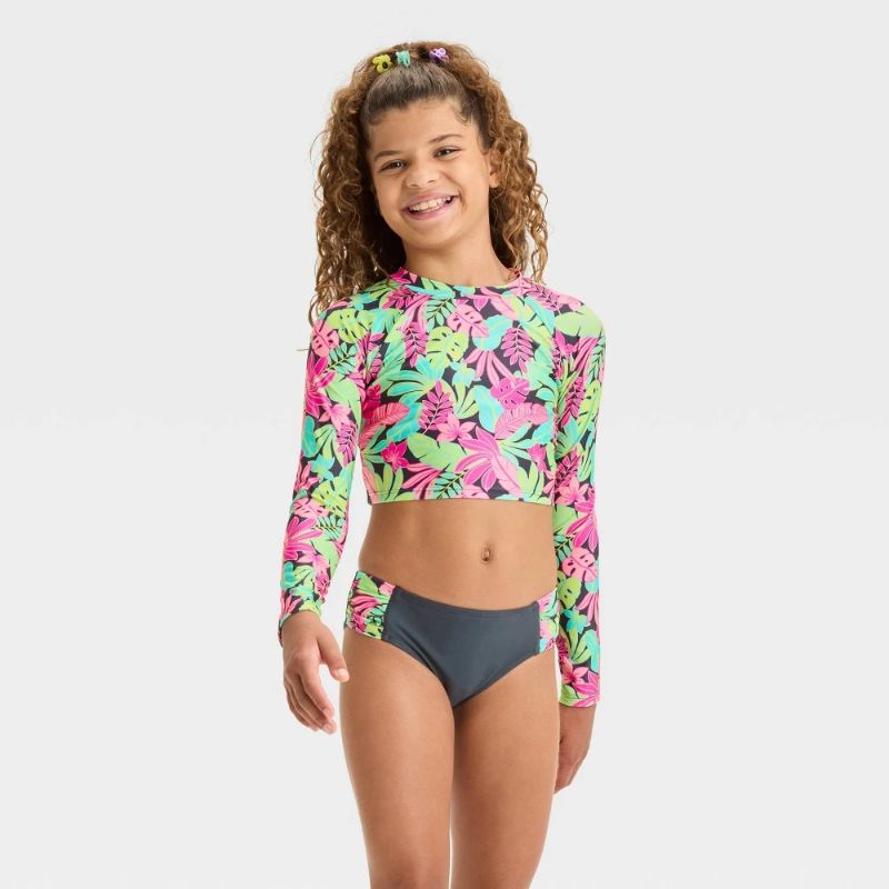 Photo 1 of (S) Girls' Floral Printed Rash Guard Set - Cat & Jack™ Blue/Pink S: Recycled Polyester, 2-Piece Swimwear