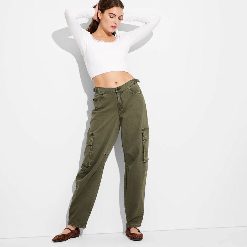 Photo 1 of **HOLES NEAR POCKETS**Size S Women's Mid-Rise Barrel Cargo Pants - Wild Fable™ Olive Green S: Relaxed Fit, Lightweight, Stretch Woven