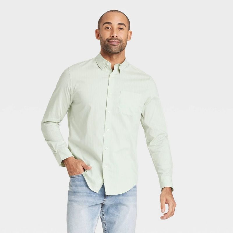 View 1 of (M) Men's Comfort Wear Long Sleeve Shirt - Goodfellow & Co™ Green M: Stripe Pattern, Button Down
