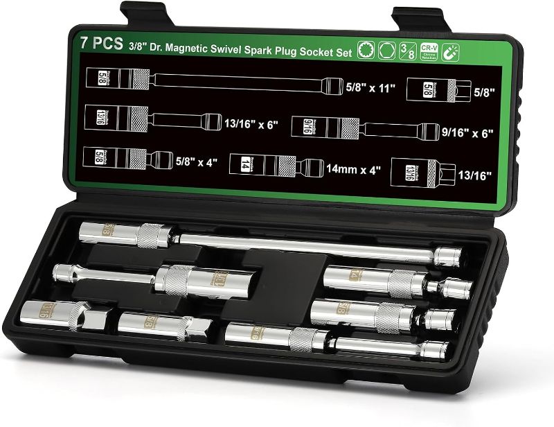 Photo 1 of 7 Piece 3/8-Inch Drive Magnetic Swivel Spark Plug Socket Set, Includes 9/16-Inch, 13/16-Inch, 5/8-Inch, 14mm Socket, 6-Point &12-Point, CR-V, Enhanced Magnetic Design with Thin Wall Socket
